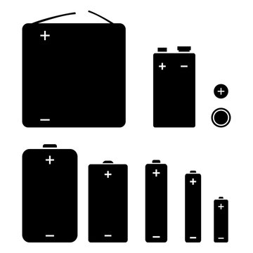 Vector Set of Silhouette Icons of Different Types Batteries