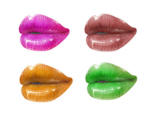 Colorful lips collection. Mouth set isolared on white background. Vector lipstick or lip gloss 3d realistic illustration.