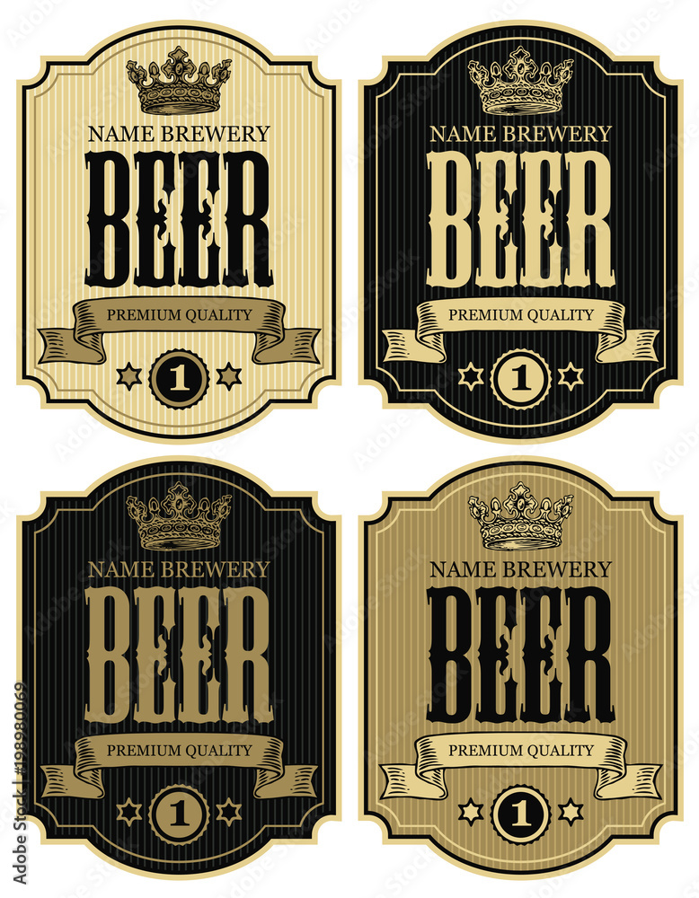 Poster set of vector labels for beer with crown and ribbon in figured frames on striped background in retro