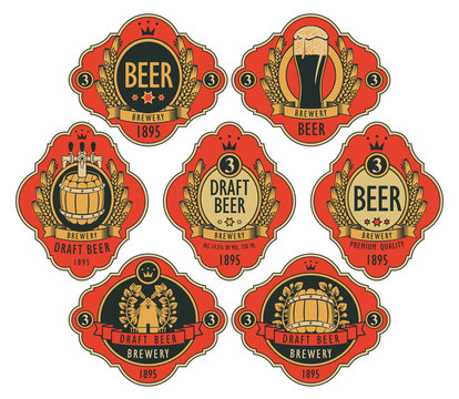 Vector set of ornate beer labels in figured frames on a red background with barrel, beer glass, mill, laurel wreath, ears of wheat and crown
