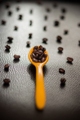 concept Coffee beans on Animal skin a dark background yellow spoon