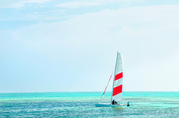 Windsurfing board against the azure water of the Indian Ocean, Maldives