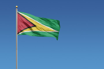 Flag of Guyana in front of a clear blue sky