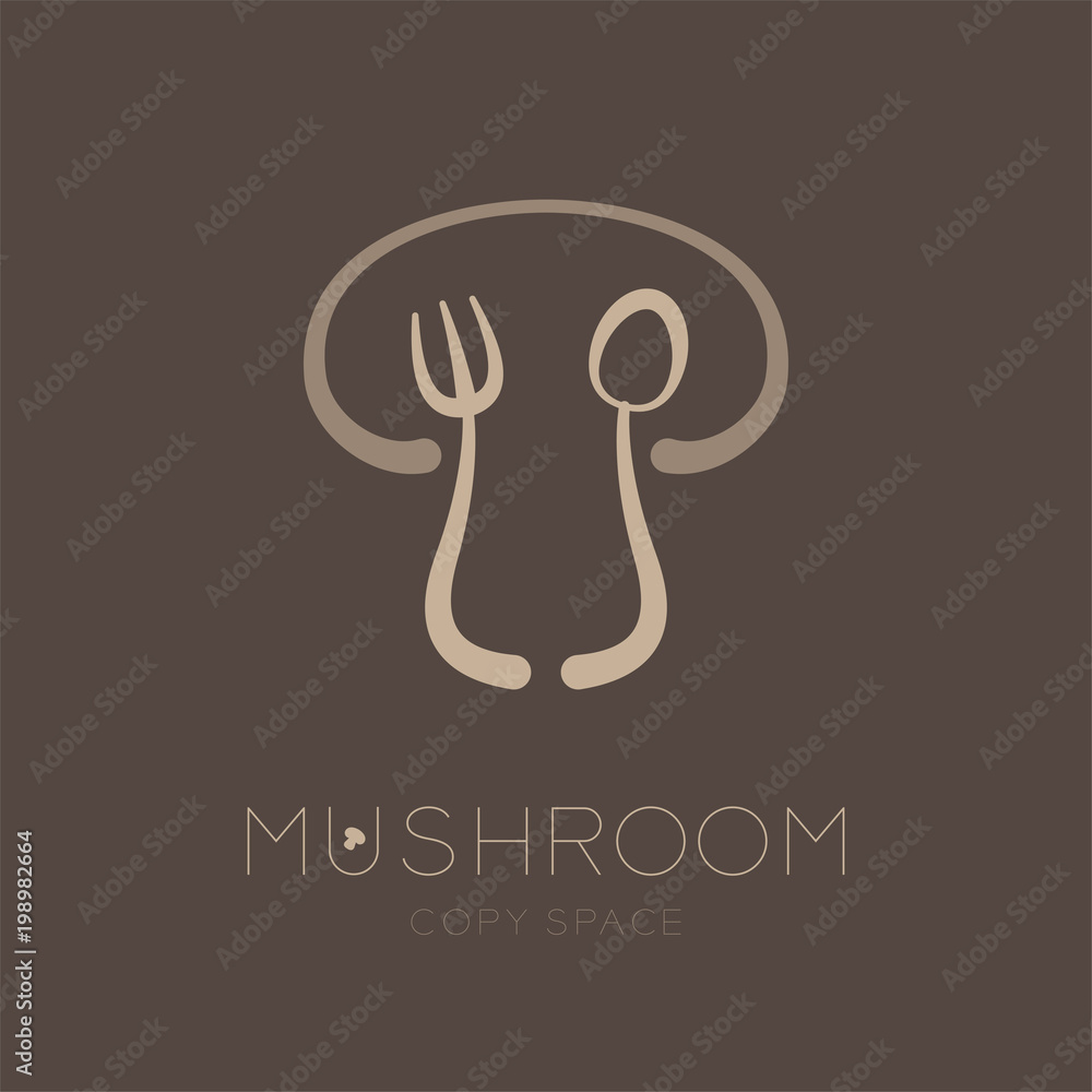 Poster mushroom logo icon with spoon fork concept outline stroke set flat design brown color illustration i