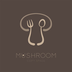 Mushroom logo icon with spoon fork concept outline stroke set flat design brown color illustration isolated on dark brown background with Mushroom text and copy space, vector eps 10
