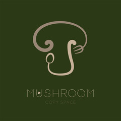 Mushroom logo icon with spoon fork concept outline stroke set flat design brown color illustration isolated on dark green background with Mushroom text and copy space, vector eps 10