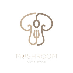 Mushroom logo icon with spoon fork concept outline stroke set flat design brown color illustration isolated on white background with Mushroom text and copy space, vector eps 10