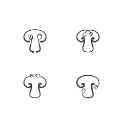 Mushroom icon with spoon fork concept outline stroke set flat design black and white color illustration isolated on white background, vector eps 10
