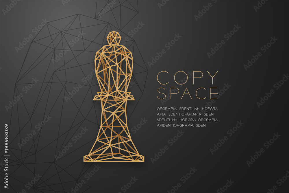 Poster chess bishop wireframe polygon golden frame structure, business strategy concept design illustration