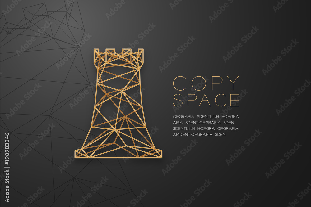 Poster chess rook wireframe polygon golden frame structure, business strategy concept design illustration i