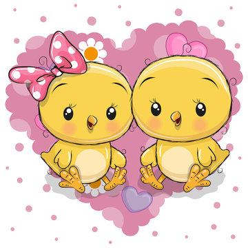 Two Cute Chicks on a background of heart