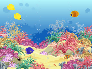 Sea underwater world with corals, fish, sponges and bubbles. Realistic vector illustration.