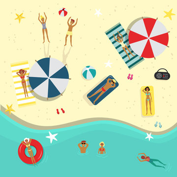Vector flat beach party poster, banner with swimming man, woman, people lying on a lounger near sunshade, inflatable ring and ball. Summer vacation invitation card template, illustration background
