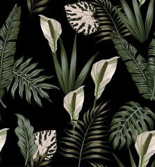 wzór tropikalnych ciemnych białych kwiatów - 198984839