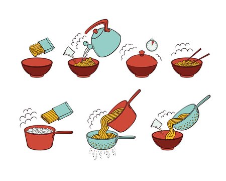 Step by step instant noodle and pasta cooking instructions, hand drawn, sketch style vector illustration isolated on white background. Cooking instant noodles and spaghetti, hand-drawn instructions