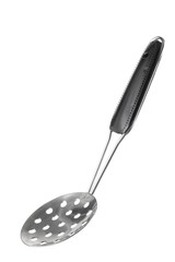 Stainless skimming ladle on white background.