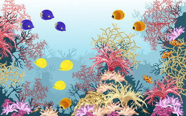 Fototapeta na wymiar Sea underwater world with coral reef, fish and sponges, realistic vector illustration.