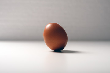 Minimalism. one brown egg stands leaning against a white background. concept of diligence, endurance, overcoming