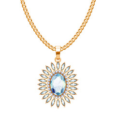 Golden chain necklace with diamond gemstone pendant.