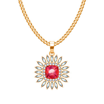 Golden chain necklace with ruby gemstone pendant.