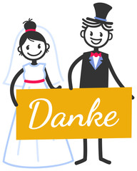 Vector wedding illustration of cute stick figures bridal couple holding yellow sign Danke isolated on white background, wedding invitation template