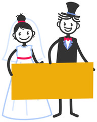 Vector wedding illustration of cute stick figures bridal couple holding blank yellow sign isolated on white background, wedding invitation template