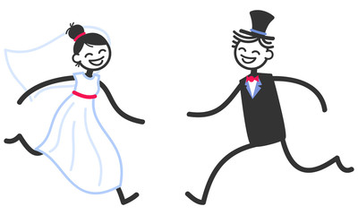 Vector wedding illustration of happy stick figures bridal couple running towards each other isolated on white background, wedding invitation template