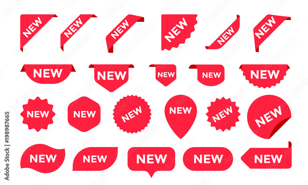 Poster stickers for new arrival shop product tags, labels or sale posters and banners vector sticker icons 