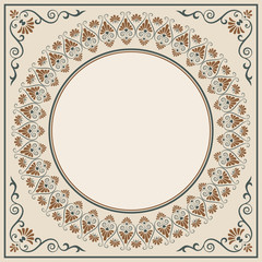 Ornate round framework. For an announcement, label, card. Decorative corners. Pattern brush is included in vector file.