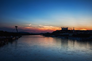 Fototapeta na wymiar Twilight Evening at Danube River in Bratislava