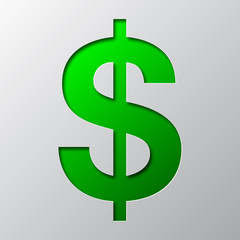 Paper art of the green symbol of dollar currency. Vector illustration.