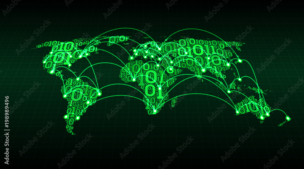 Poster abstract world map from digital binary code on a grid background, global internet transactions betwe