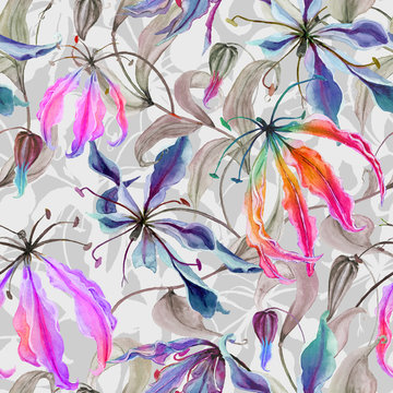 Beautiful gloriosa lily flowers with climbing leaves on gray background. Seamless floral pattern. Watercolor painting. Hand painted illustration.