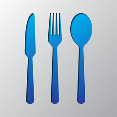 knife, spoon and fork icon isolated on blue background. vector illustration in flat style