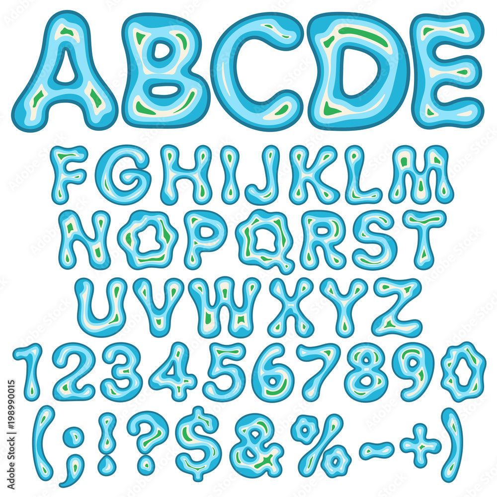 Poster alphabet, letters, numbers and signs in the form of an island in the sea. isolated vector objects on