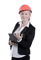 portrait of a female architect with documents.isolated on white