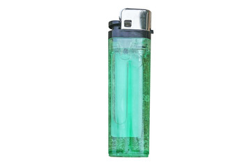 isolated green plastic gas lighter on white background