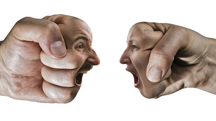 Two fists with a male and female face collide with each other on isolated, white background....