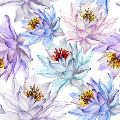 Beautiful tropical floral seamless pattern. Large lotus flowers in pastel shades on white background. Hand drawn illustration. Watercolor painting.
