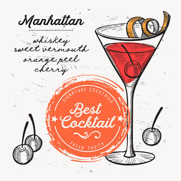 Cocktail manhattan for bar menu. Vector drink flyer for restaurant and cafe. Design poster with vintage hand-drawn illustrations.