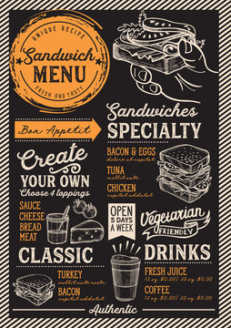 Sandwich restaurant menu. Vector food flyer for bar and cafe. Design template with vintage hand-drawn illustrations.