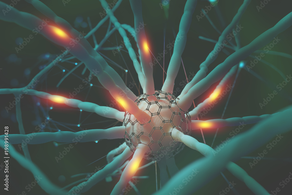Poster neural networks. nanotechnology in the study of the human brain. 3d illustration on the theme of art
