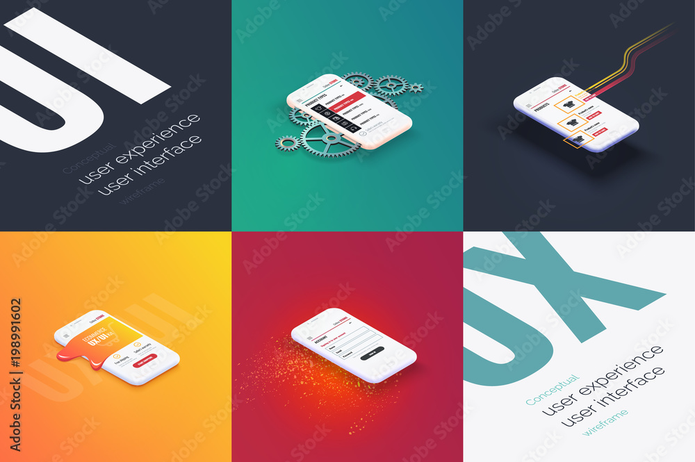 Poster conceptual banner, booklet, brochure,card. user experience, user interface. 3d phone with the layout