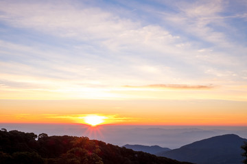 Morning atmosphere with sunrise view on the moutain of thailand.