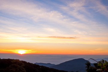 Morning atmosphere with sunrise view on the moutain of thailand.