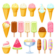 Ice cream set. Colorful ice-cream cones and popsicles.