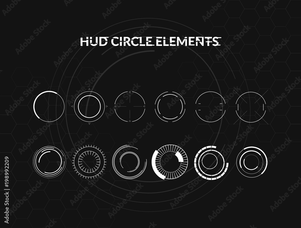 Aufkleber Set of black and white hud circle infographic elements. Head-up display elements for the web and app. Futuristic user interface. Virtual graphic.