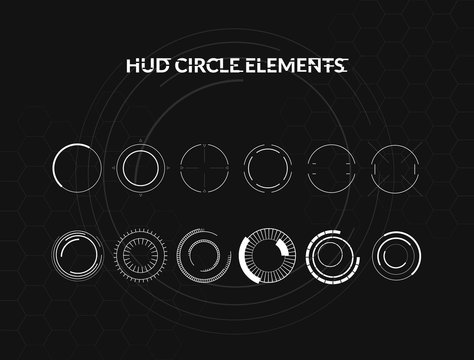 Set of black and white hud circle infographic elements. Head-up display elements for the web and app. Futuristic user interface. Virtual graphic.