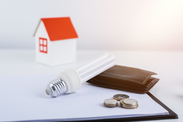 Energy savings lamp with wallet and coins, paper house model.