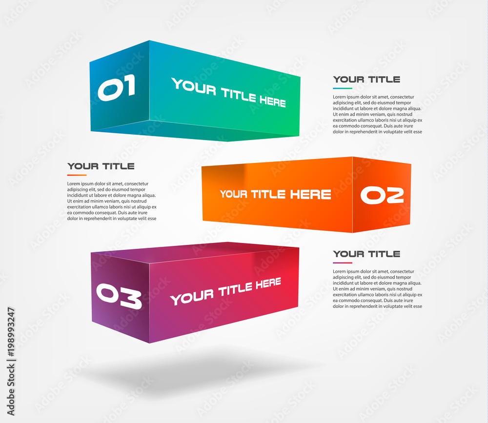 Leinwandbilder 3d blocks infographics step by step. Element of chart, graph, diagram with 3 options - parts, processes, timeline. Vector business template for presentation, workflow layout, annual report, web design